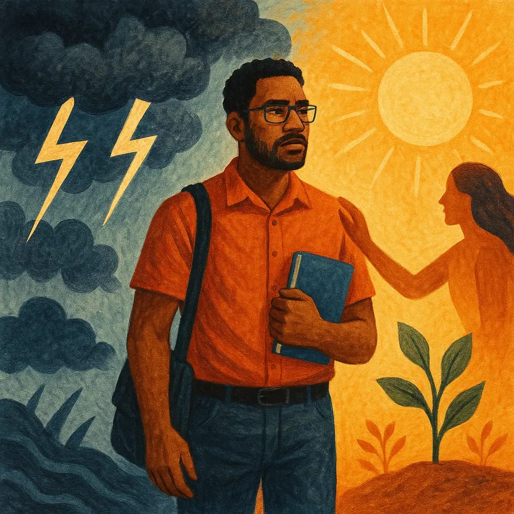 educateur-milieu-difficile-resilience Illustration réaliste d'un éducateur spécialisé confronté à un environnement difficile, entre stress et résilience.