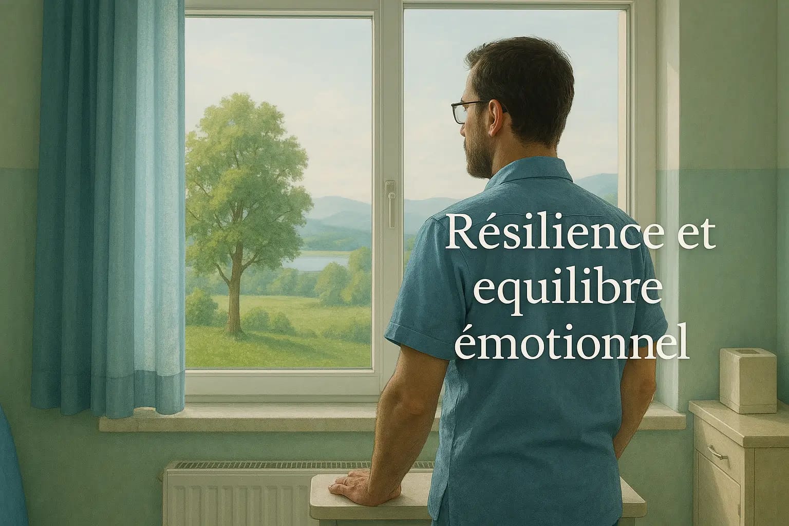 Un éducateur spécialisé regarde un paysage apaisant à travers une grande fenêtre, symbolisant la résilience et l’équilibre émotionnel dans un cadre médico-social calme et lumineux.