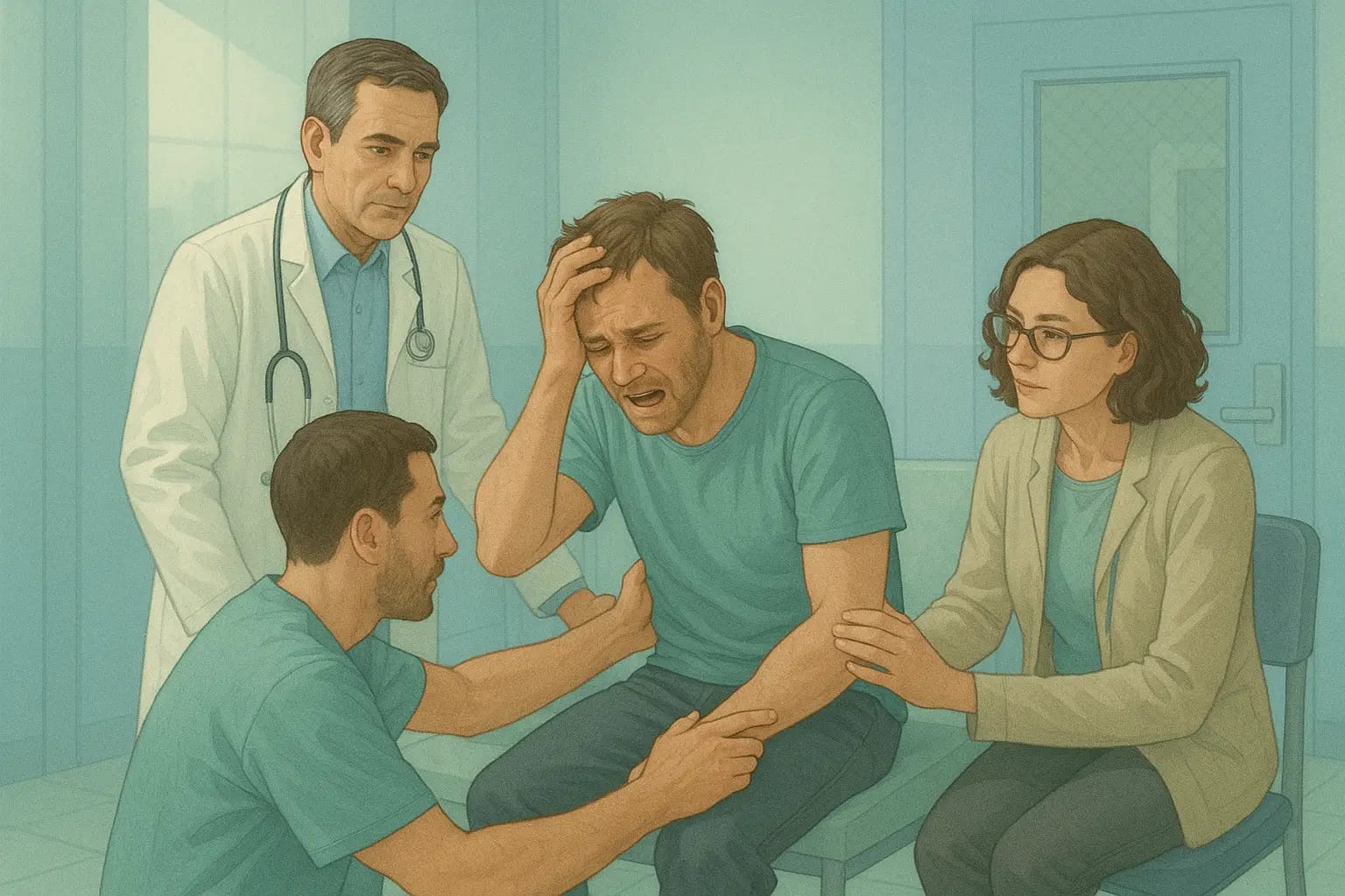 Une équipe médicale composée d’un médecin, d’un infirmier et d’une psychologue intervient calmement auprès d’un homme en détresse, assis dans une salle sécurisée aux teintes apaisantes bleu-vert. L’image exprime la bienveillance, la sécurité et le travail d’équipe dans la gestion d’une crise d’addiction.