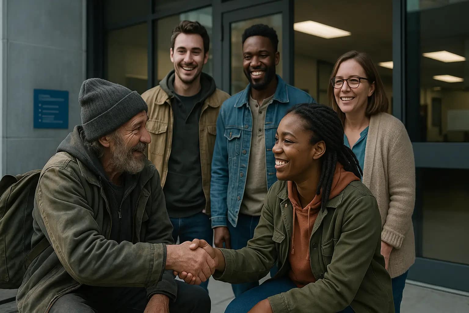 Groupe de personnes souriantes accueillant chaleureusement un homme sans-abri devant un centre social, illustrant l’inclusion sociale et la solidarité envers les personnes en situation de précarité.