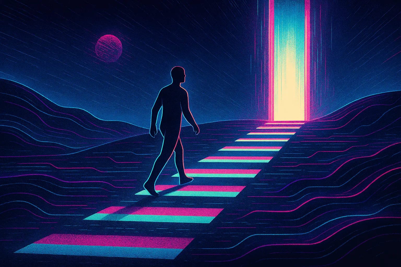 Silhouette franchissant douze marches lumineuses symbolisant le parcours de rétablissement selon la Méthode Minnesota dans le traitement des addictions en France