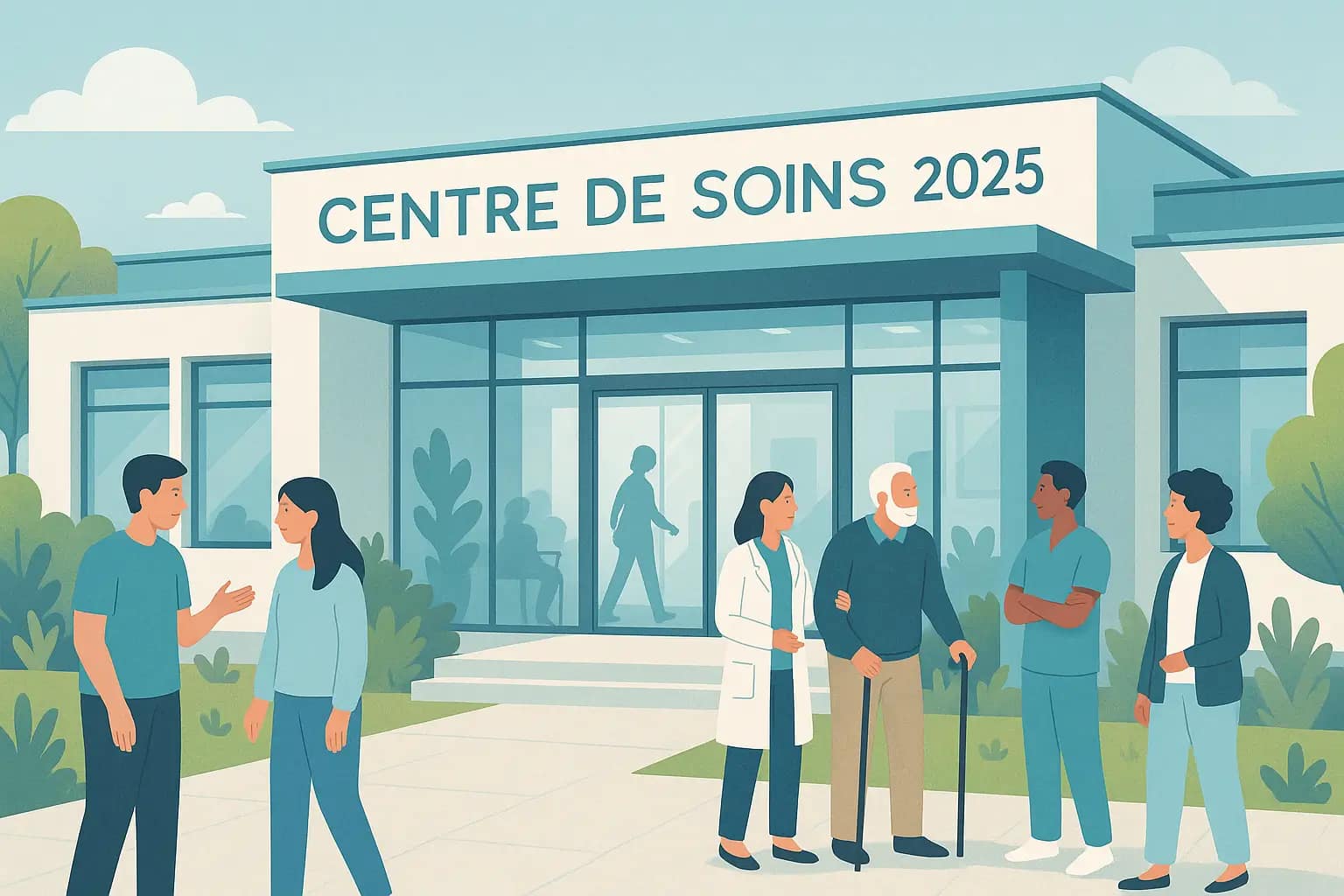 Illustration réaliste d’un centre de soins moderne en 2025, bâtiment lumineux avec silhouettes de patients et professionnels de santé, symbolisant l’accompagnement, l’espoir et la solidarité.