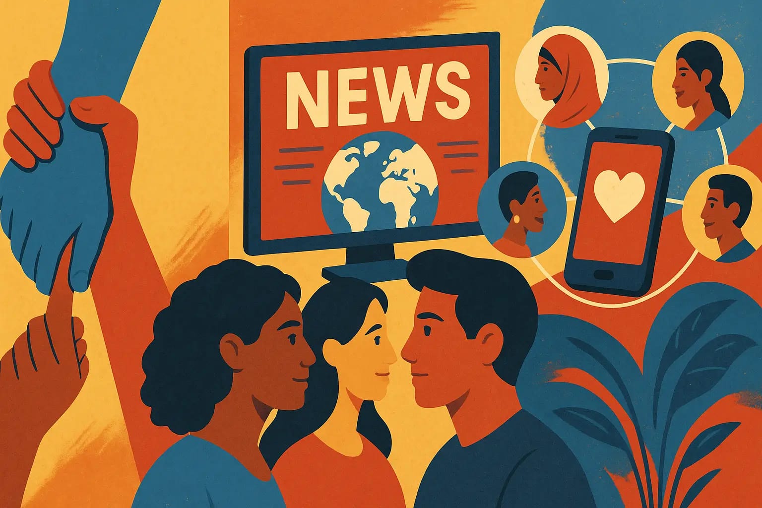 La solidarité à travers l’actualité : une humanité connectée par les médias Illustration moderne symbolisant la solidarité humaine à travers les médias d’information : des personnes de différentes cultures connectées par les réseaux sociaux, un écran de nouvelles, et des mains qui s’entraident. Palette chaude et ambiance inspirante.