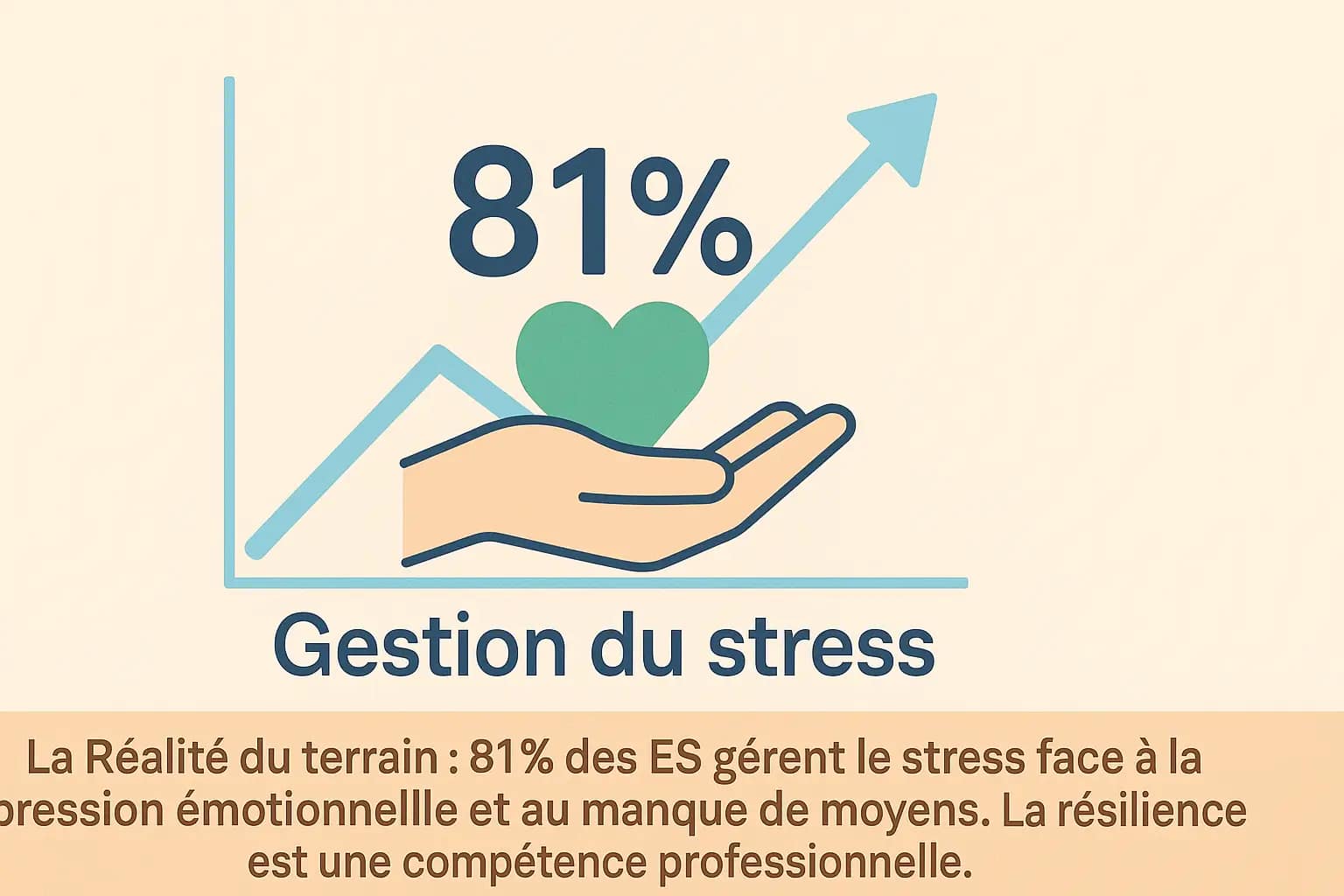 Défis du métier d’éducateur spécialisé : 81 % gèrent le stress au quotidien Infographie illustrant les défis du métier d’éducateur spécialisé, mettant en avant le chiffre 81 % de gestion du stress, symbole de résilience et d’adaptation face à la pression émotionnelle.