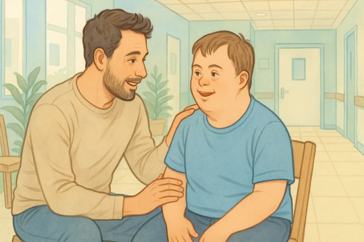 Interaction bienveillante entre un éducateur spécialisé et un adolescent en situation de handicap mental Éducateur spécialisé interagissant avec bienveillance avec un adolescent en situation de handicap mental dans un cadre institutionnel lumineux et apaisant, illustrant l’inclusion et la relation éducative.