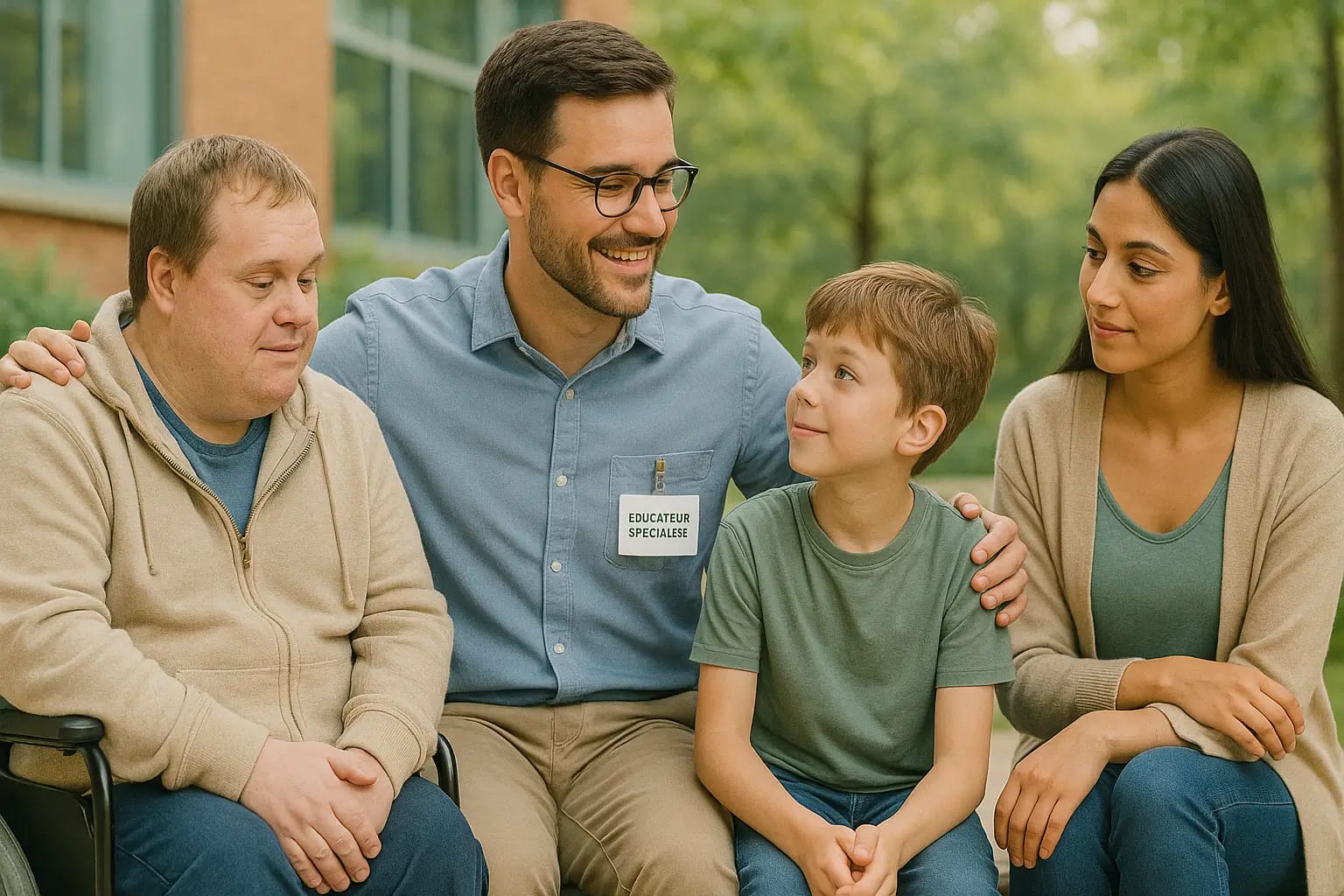 Éducateur spécialisé accompagnant des personnes de tous âges et origines dans un cadre inclusif et bienveillant Un éducateur spécialisé accompagne une personne en fauteuil roulant, un enfant, un adolescent et un adulte dans un environnement verdoyant et chaleureux. Scène inclusive, bienveillante, reflet du métier d’éducateur spécialisé.