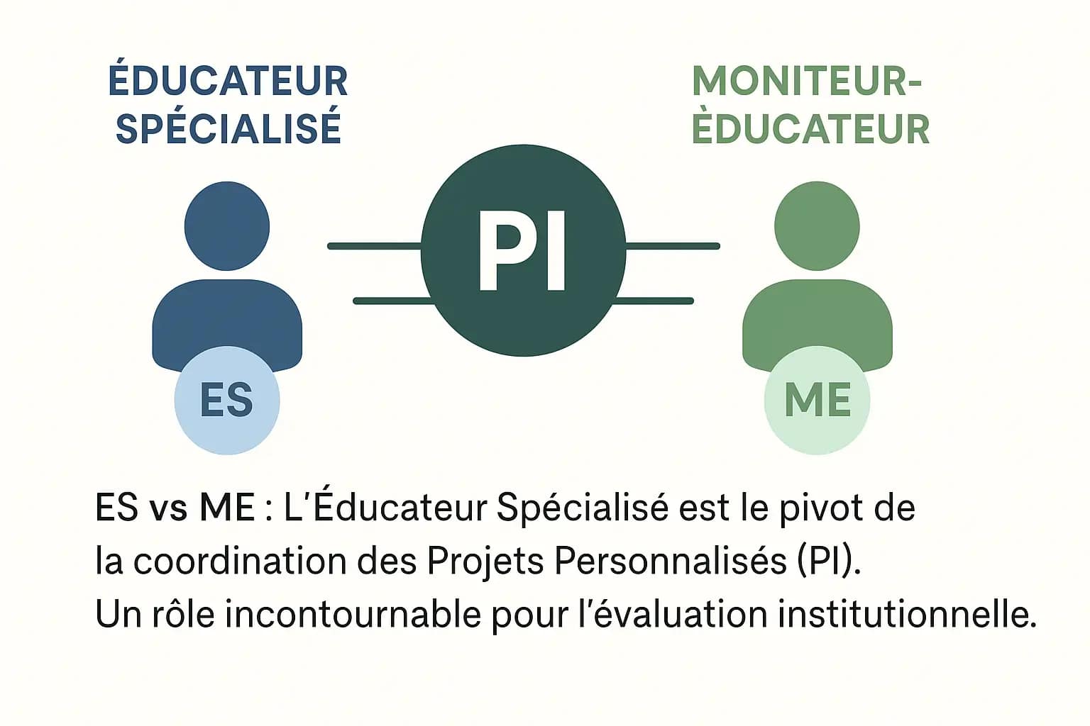 Partition des rôles : Éducateur Spécialisé (ES) vs Moniteur-Éducateur (ME) Infographie comparant les rôles de l’Éducateur Spécialisé (ES) et du Moniteur-Éducateur (ME), illustrant la coordination du Projet Personnalisé et le rôle central de l’ES dans l’évaluation institutionnelle.