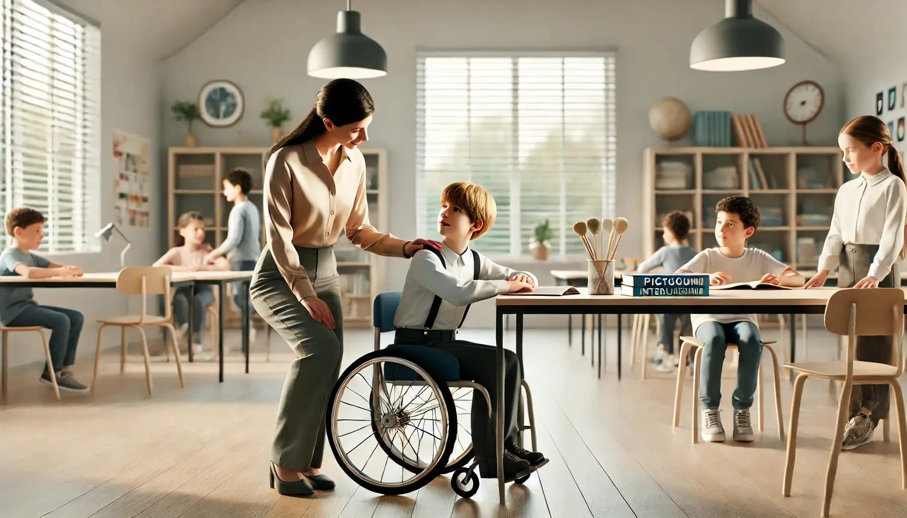 classe inclusive et lumineuse avec enseignant et élève en soutien pédagogique Une salle de classe accueillante et lumineuse montrant un enseignant attentif avec un élève bénéficiant d’un soutien pédagogique individualisé.