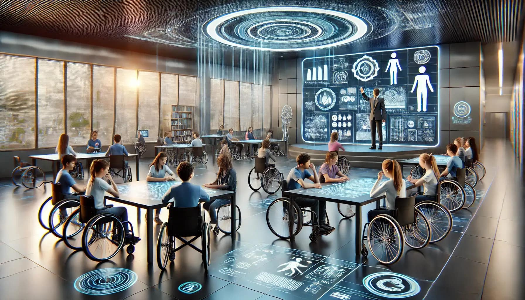Classe inclusive et futuriste avec des élèves divers utilisant des fauteuils roulants, des appareils auditifs et des technologies adaptées dans un environnement d'apprentissage moderne et lumineux.