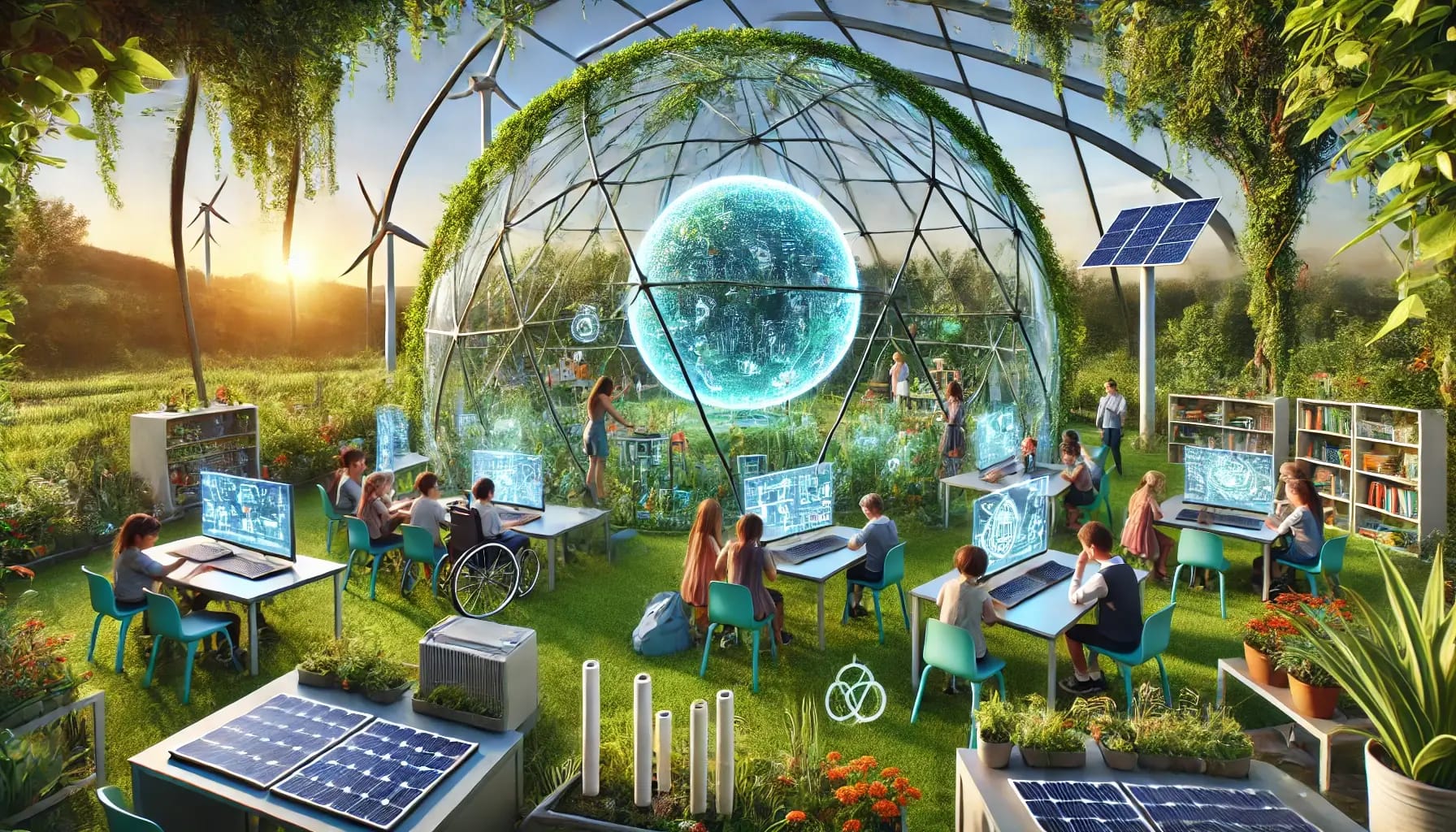 Image représentant une salle de classe futuriste et écologique sous un dôme transparent, entourée de verdure. Des enfants aux capacités variées utilisent des outils éducatifs interactifs alimentés par des énergies renouvelables, avec des panneaux solaires et des éoliennes en arrière-plan.