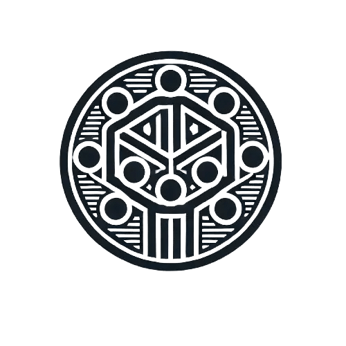 Icône en noir et blanc, au style moderne et futuriste, représentant la réintégration sociale avec des figures humaines interconnectées symbolisant le soutien communautaire.