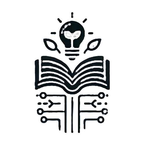 Logo minimaliste noir sur fond blanc représentant le développement de programmes éducatifs avec des éléments symbolisant l'apprentissage et le codage.